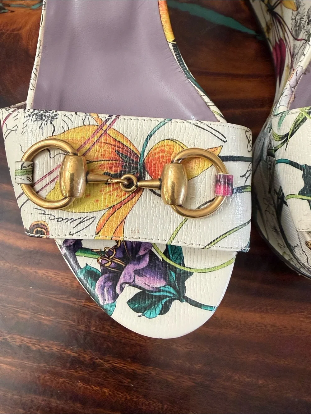 Gucci Floral Platform Sandals in White with Lavender Insole and Gold Hardware